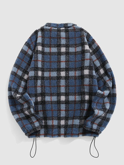 Men's sweatshirt jacket with vintage polar fleece, stylish plaid design, stand collar, and full zipper