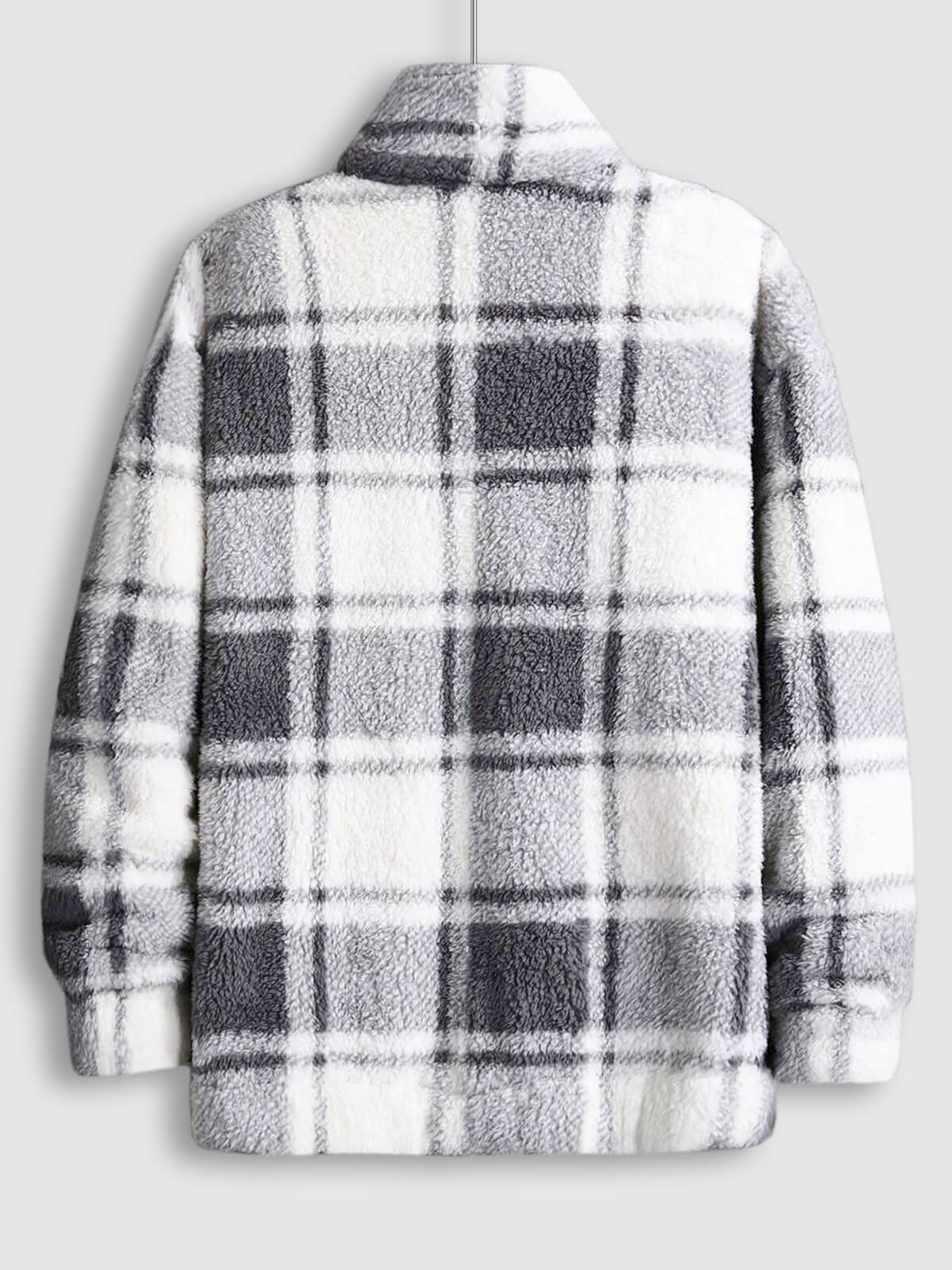Classic men's plaid jacket with plush faux fur shoulder details, single pocket, buttons, and collar lapel