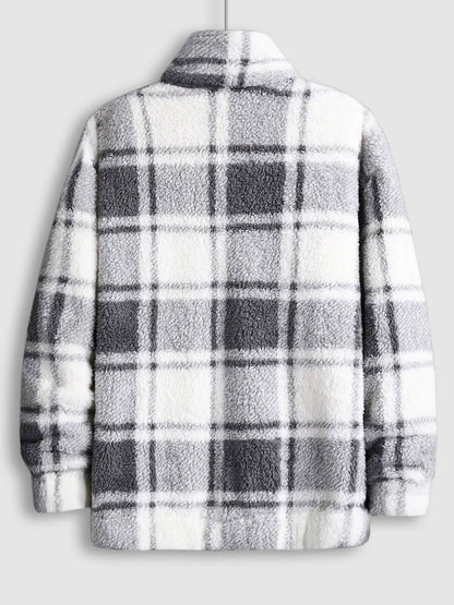 Classic men's plaid jacket with plush faux fur shoulder details, single pocket, buttons, and collar lapel