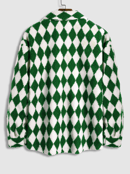 Elegant Men's Faux Fur Lapel Jacket with Diamond Plaid Pattern and Single Pocket