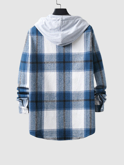 Men's quilted fleece vest with plaid pattern and hood with drawstring