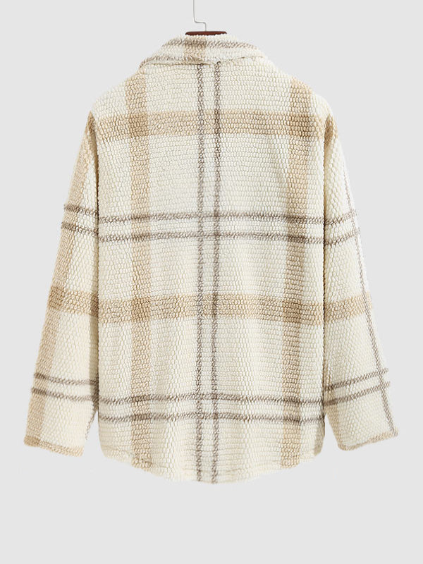 Men's Cozy Plaid Faux Fur Lapel Jacket with Double Pockets for Casual Style