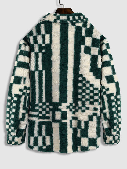 Men's Stylish Irregular Plaid Fluffy Faux Fur Casual Shirt Jacket