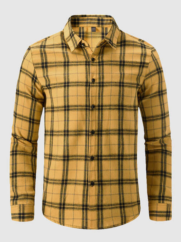 Men's Long Sleeve Casual Shirt with Plaid Pattern and Loose Fit