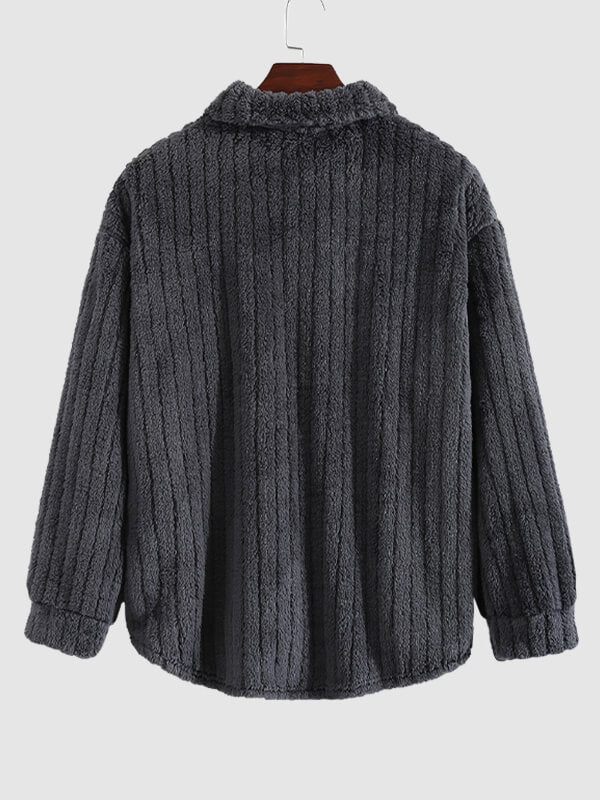 Classic men's plaid jacket with plush faux fur shoulder details, single pocket, buttons, and collar lapel