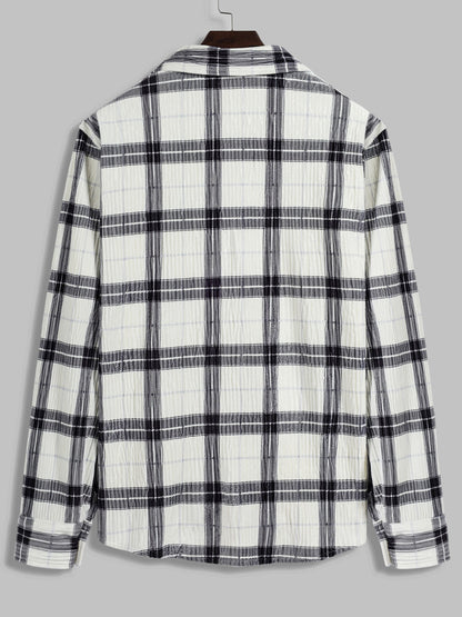 Men's long-sleeve shirt with pleats, plaid fleece fabric for a comfortable and stylish look