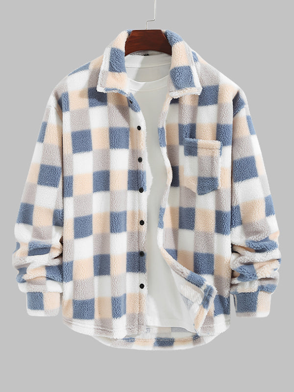 Casual Classic Plaid Outfit for Men with Plush Faux Fur Jacket and Corduroy Pants