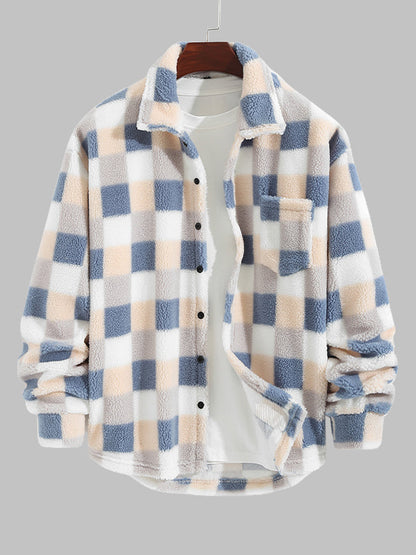 Casual Classic Plaid Outfit for Men with Plush Faux Fur Jacket and Corduroy Pants