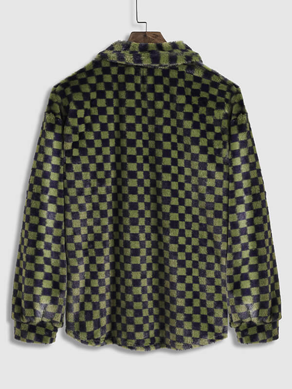 Men's Stylish Faux Rabbit Fur Plaid Casual Jacket with Button Lapel