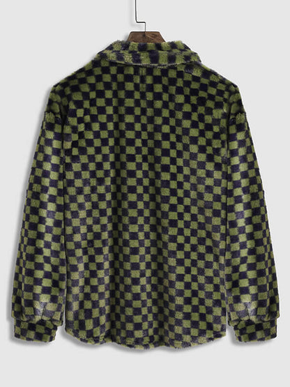 Men's Stylish Faux Rabbit Fur Plaid Casual Jacket with Button Lapel