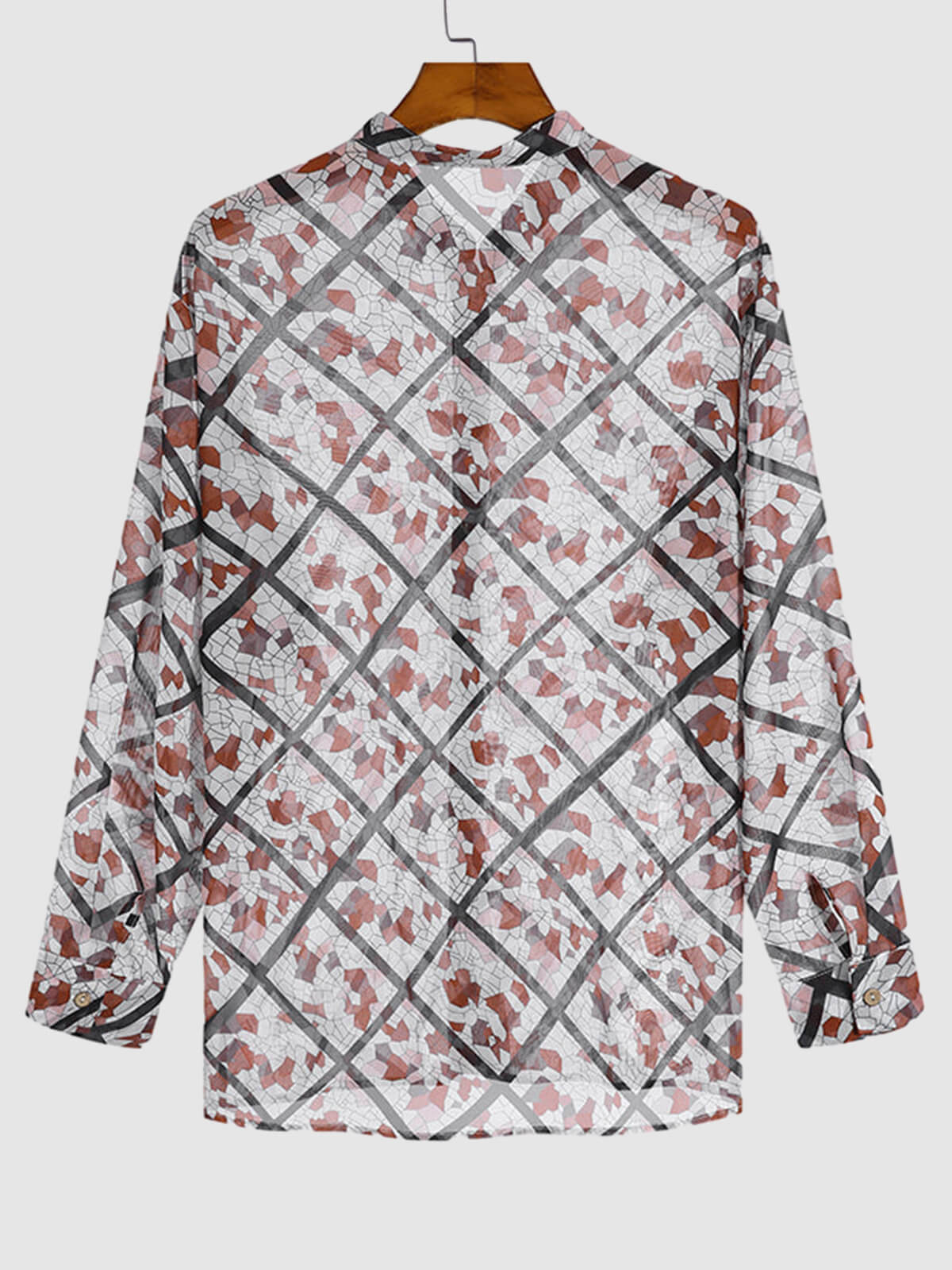 Sexy men's long sleeve plaid printed shirt with colorful patterns and sheer fabric