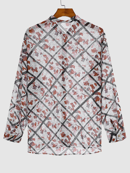 Sexy men's long sleeve plaid printed shirt with colorful patterns and sheer fabric