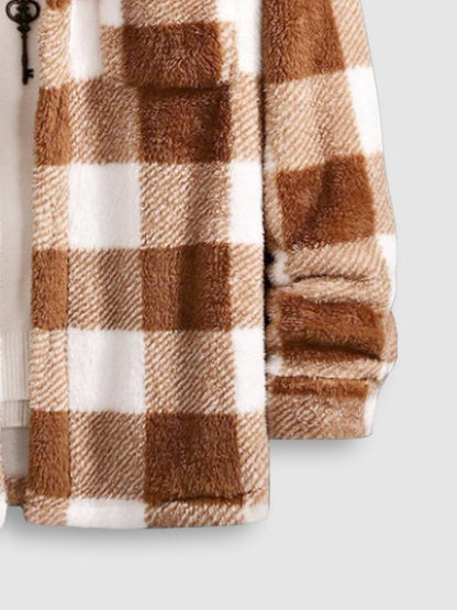 Men's Plaid Fleece Button-up Jacket with Pocket