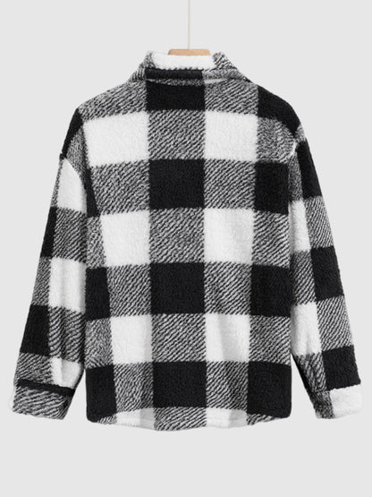 Classic men's plaid jacket with plush faux fur shoulder details, single pocket, buttons, and collar lapel