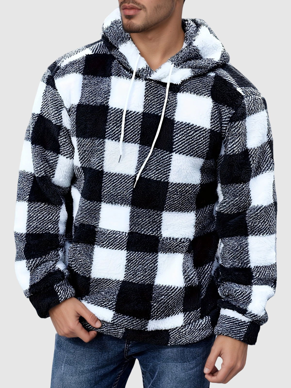 Classic Hooded Sweatshirt for Men with Plaid Pattern, Fleece, and Pockets