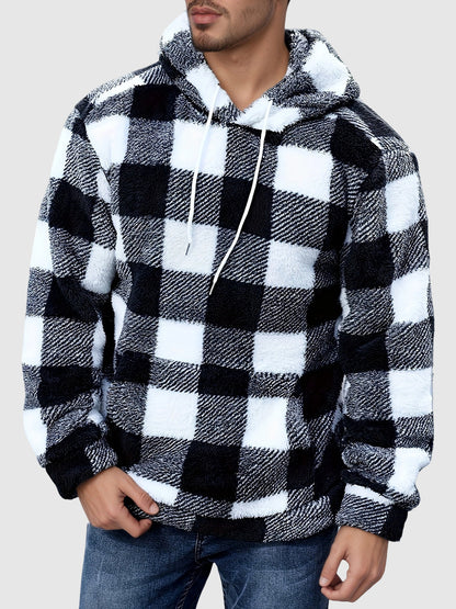 Classic Hooded Sweatshirt for Men with Plaid Pattern, Fleece, and Pockets