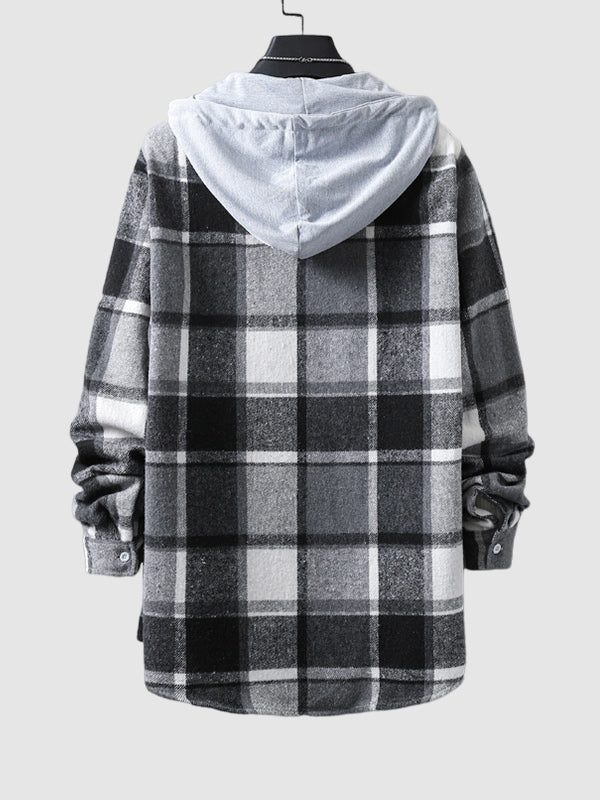 Men's quilted fleece vest with plaid pattern and hood with drawstring