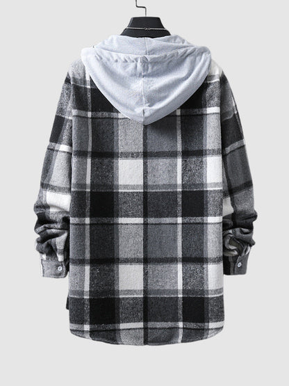 Men's quilted fleece vest with plaid pattern and hood with drawstring