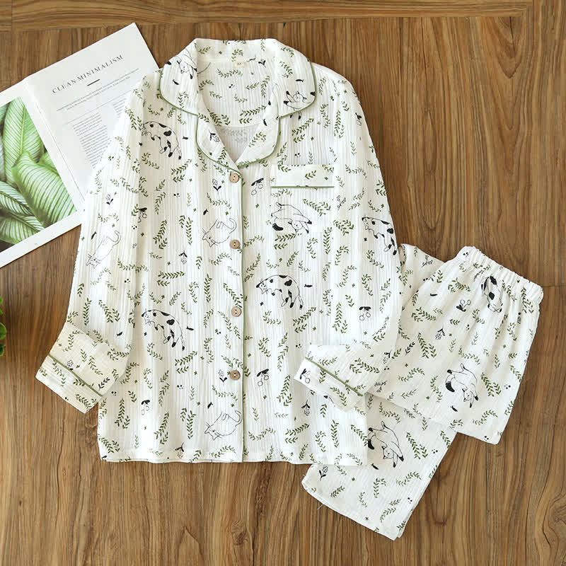 Ownkoti Charming Cotton Pajama Set with Cat and Leaf