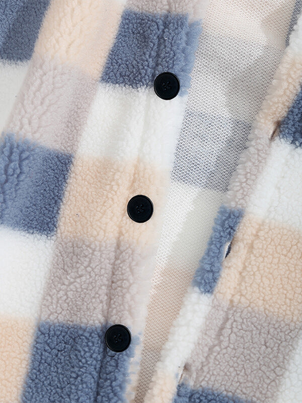 Classic men's plaid jacket with plush faux fur shoulder details, single pocket, buttons, and collar lapel