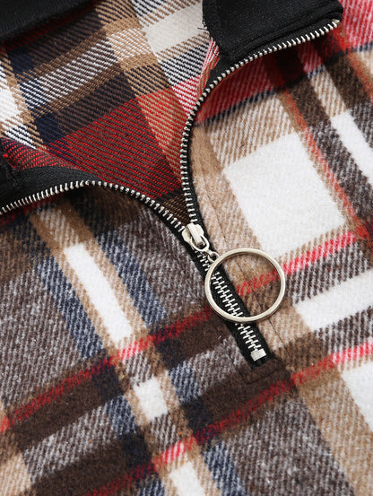 Vintage plaid blended wool sweatshirt for men with stand collar and zipper