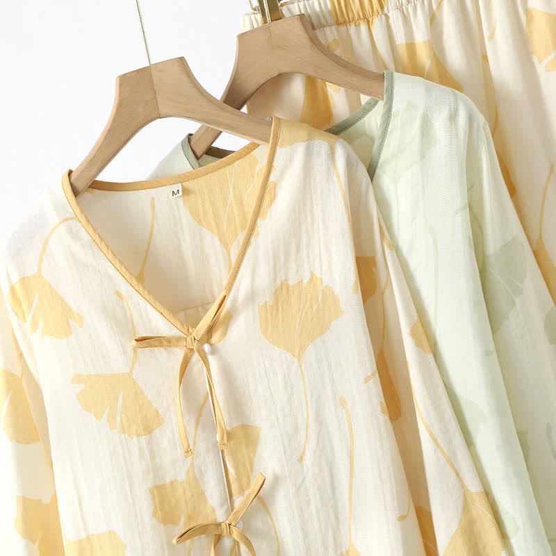 Ownkoti Ginkgo Leaf Design Bowknot Cotton Loungewear Set for Stylish Comfort