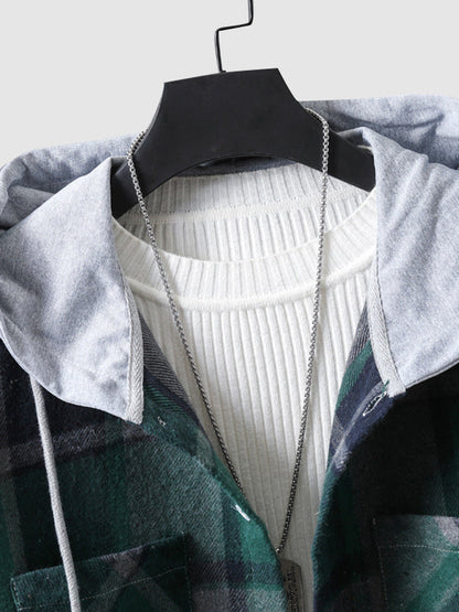 Men's quilted fleece vest with plaid pattern and hood with drawstring
