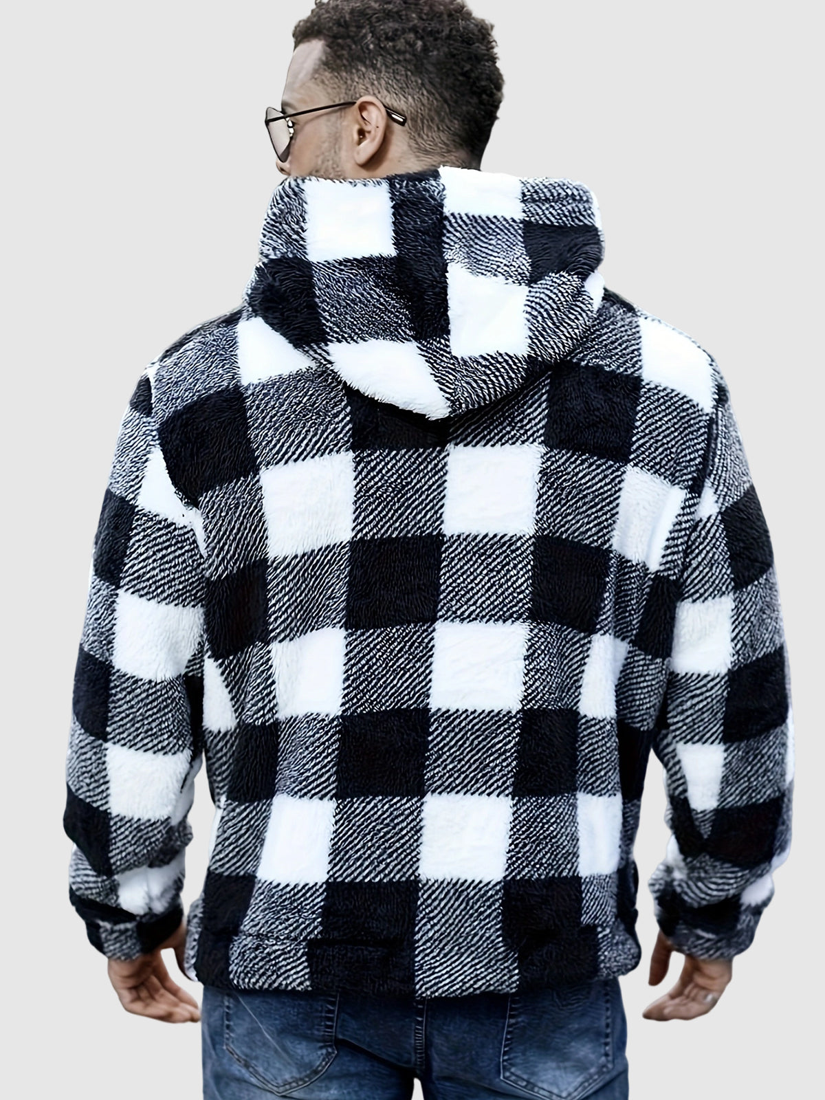 Classic Hooded Sweatshirt for Men with Plaid Pattern, Fleece, and Pockets