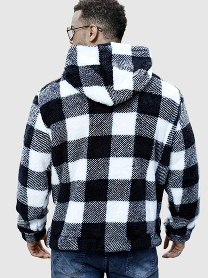 Classic Hooded Sweatshirt for Men with Plaid Pattern, Fleece, and Pockets