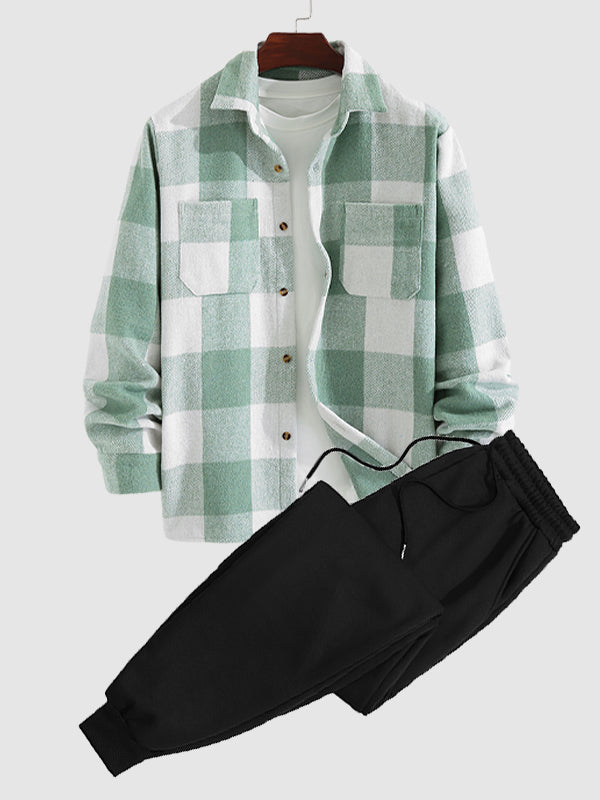 Men's Classic Plaid Wool Blend Long-Sleeve Shirt and Comfortable Sweatpants Two-Piece Set