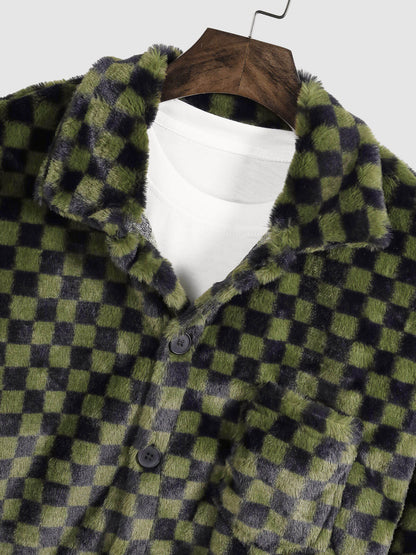 Men's Stylish Faux Rabbit Fur Plaid Casual Jacket with Button Lapel