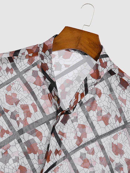 Sexy men's long sleeve plaid printed shirt with colorful patterns and sheer fabric