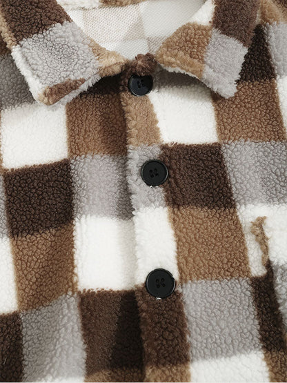 Classic men's plaid jacket with plush faux fur shoulder details, single pocket, buttons, and collar lapel
