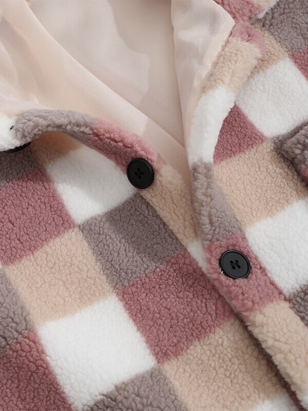 Classic men's plaid jacket with plush faux fur shoulder details, single pocket, buttons, and collar lapel