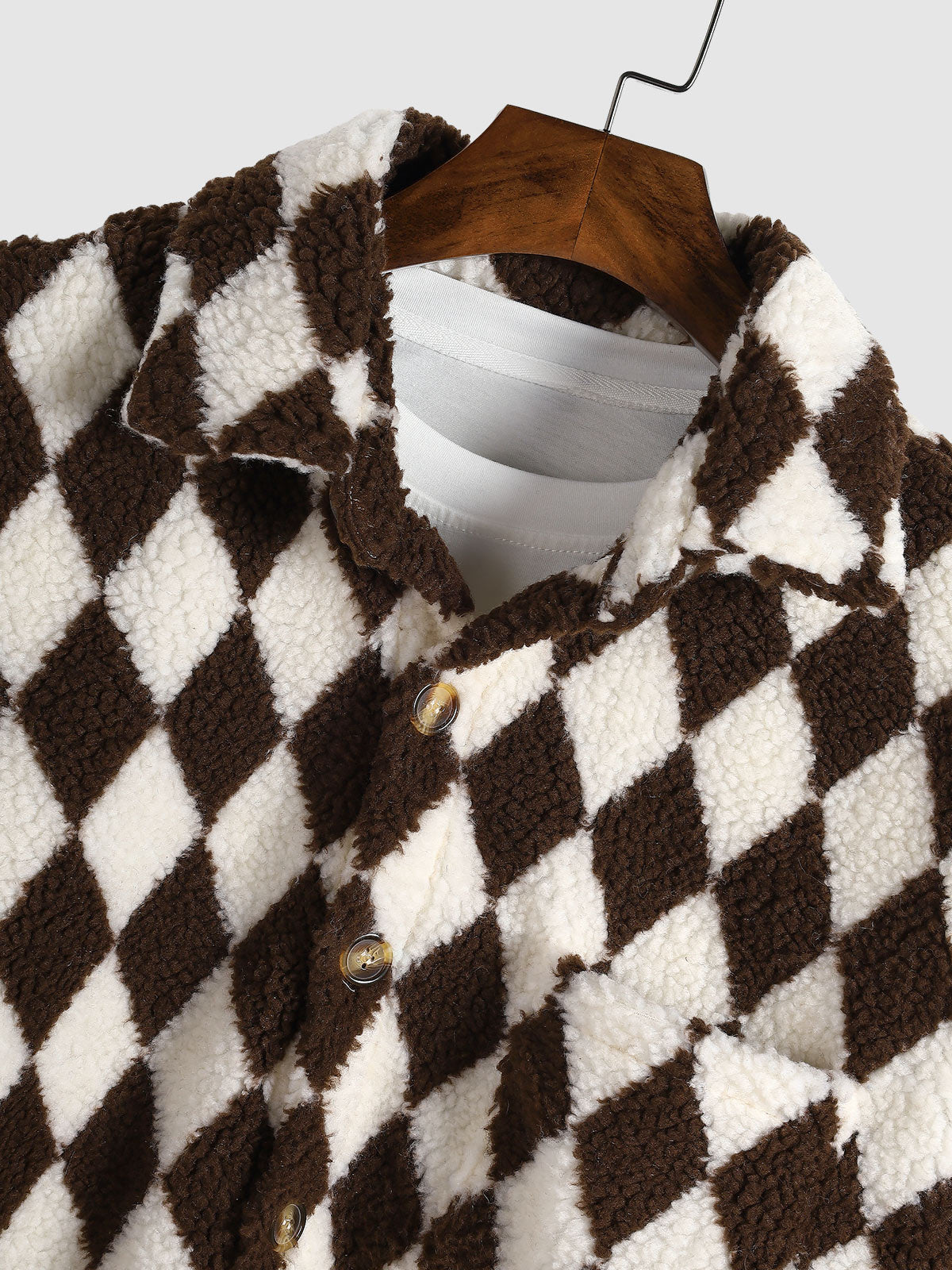 Elegant Men's Faux Fur Lapel Jacket with Diamond Plaid Pattern and Single Pocket