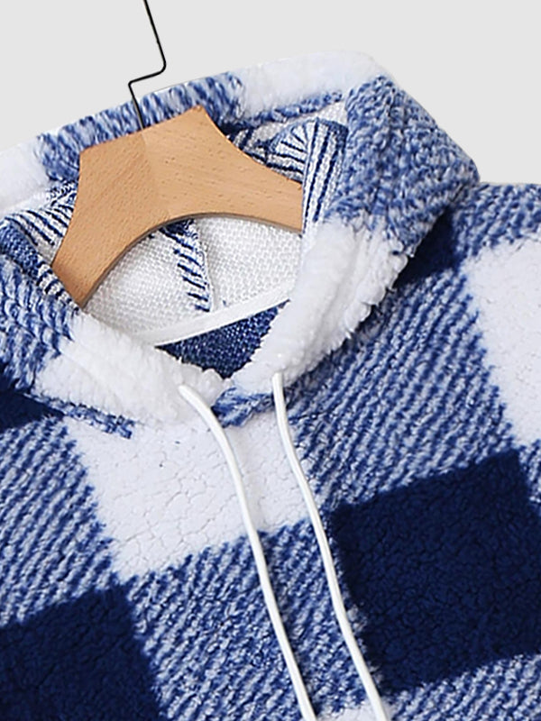 Classic Hooded Sweatshirt for Men with Plaid Pattern, Fleece, and Pockets