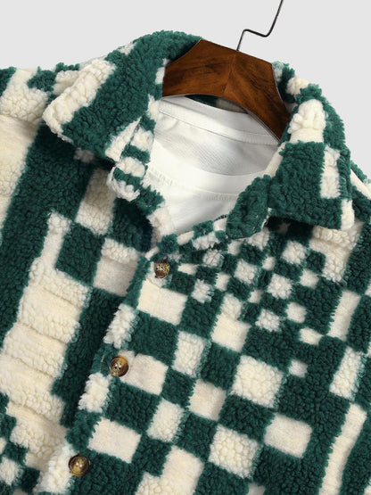 Men's Stylish Irregular Plaid Fluffy Faux Fur Casual Shirt Jacket
