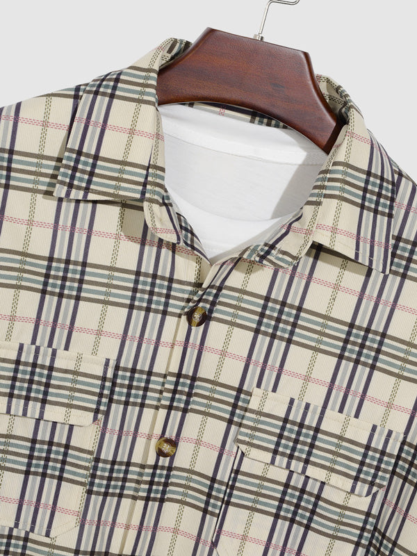 Men's plaid velvet striped shirt with long sleeves and buttons