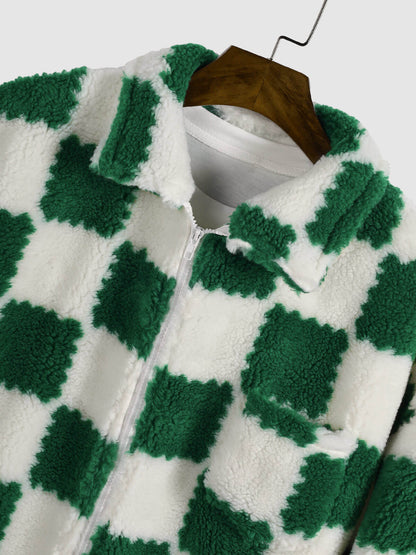 Men's faux fur plaid jacket with a single pocket and zipper for a casual and trendy style