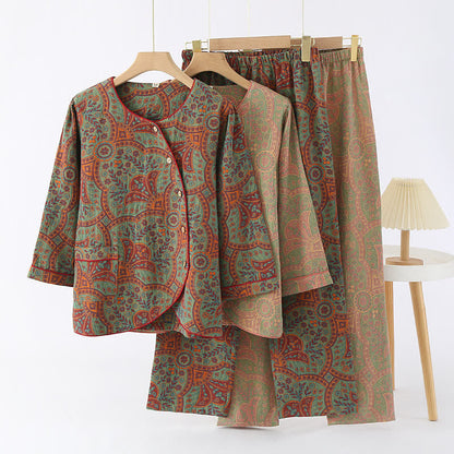 Ownkoti Vintage Jacquard Crew Neck Loungewear Set for Stylish Relaxation