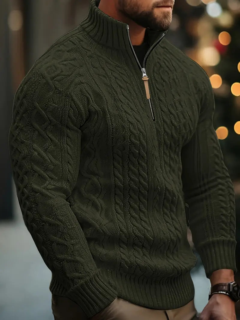 Men's Knitted Half-Zip Sweater with Stand-Up Collar