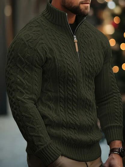 Men's Knitted Half-Zip Sweater with Stand-Up Collar