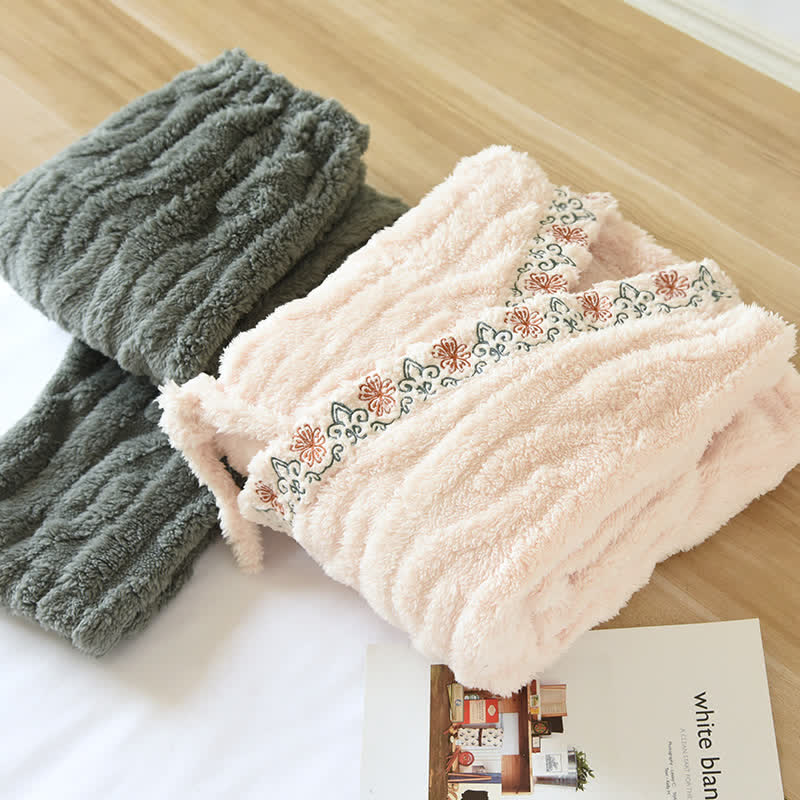 Ownkoti Vintage Style Embroidered Plush Fleece Pajama Set for Cozy Comfort
