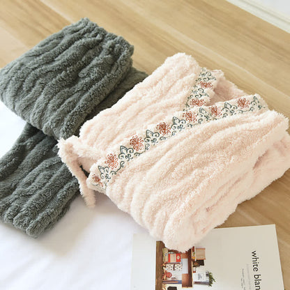 Ownkoti Vintage Style Embroidered Plush Fleece Pajama Set for Cozy Comfort