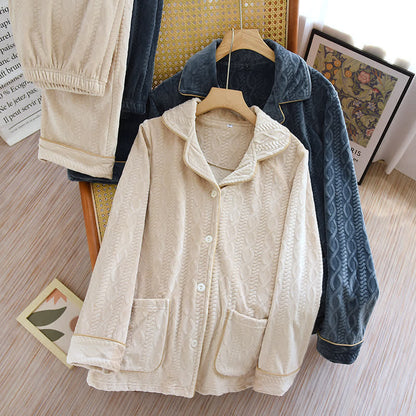 Ownkoti Unisex Solid Color Flannel Pajama Set with Classic Lapel Design