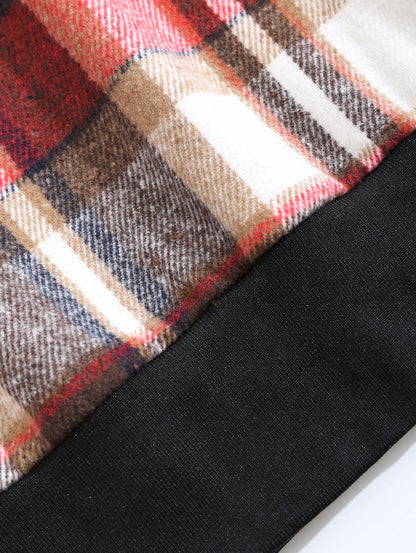 Vintage plaid blended wool sweatshirt for men with stand collar and zipper