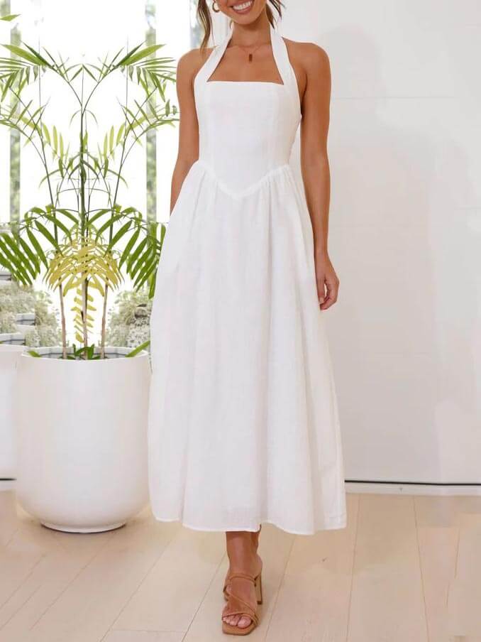 Waist Little Black Halter Neck Dress Mid-Length Dress