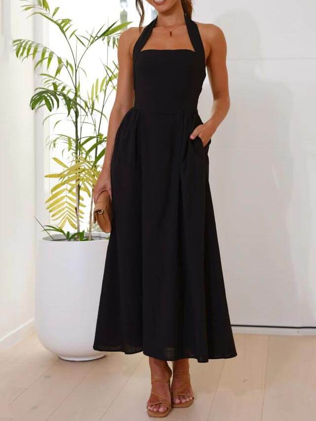 Waist Little Black Halter Neck Dress Mid-Length Dress