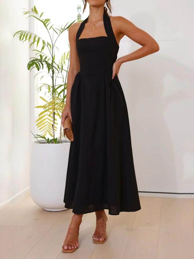 Waist Little Black Halter Neck Dress Mid-Length Dress