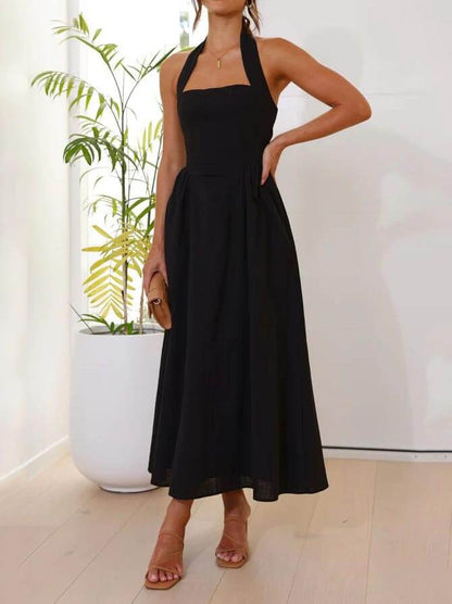 Waist Little Black Halter Neck Dress Mid-Length Dress